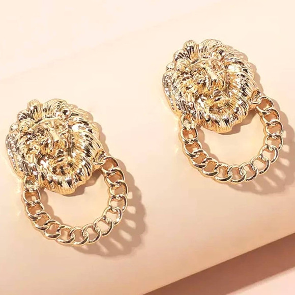 NEW Earrings LION HEAD Big Cat Door Knocker Style Jewelry Pierced Post J17 - Picture 5 of 7